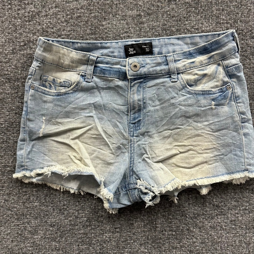Jay Jays Denim Shorts Womens Size 10 Light Wash Cheeky Distressed Raw Hem Casual
